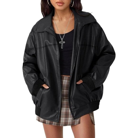 Jackets & Blazers - Women's Black Faux Leather Zip-Up Jacket with Ribbed Cuffs and Pockets
